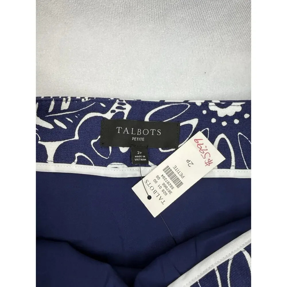 Talbots NWT A Line Skirt Women 2 Petite Navy Floral Side Zip Buttons Pockets